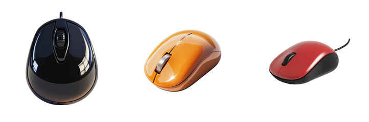 Three computer mice in black, orange, and red colors. Isolated on white background. Modern technology and hardware for computer use.