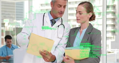 Poster - Animation of data processing over diverse doctors talking with clipboards