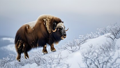 Canvas Print - Musk Ox Ascending Snow-Covered Mountain in Winter Landscape