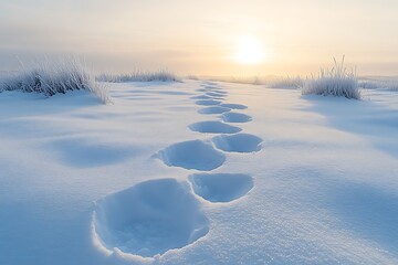 Wall Mural - Footprints in the snow lead towards the sun in a minimalist winter landscape.