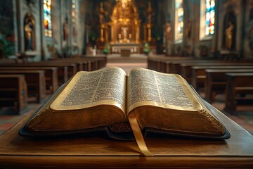 An open Bible with a gold ribbon bookmark rests on a wooden altar in a church.