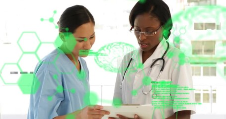 Poster - Animation of data processing over diverse female doctors talking