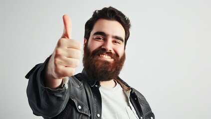 Handsome man with a beard is smiling and giving a thumbs up, against a white isolated background. The concept of success in business or other fields. Copy space