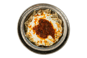 Presentation on metal plate, traditional kayseri manti, delicious manti with special sauce and yogurt. top view, white background.