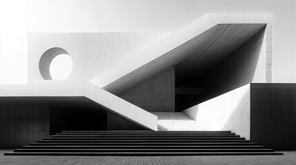 A black and white photo of a building with stairs