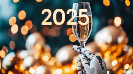 Wall Mural - Robot Hand Holding Champagne Flute, Toasting the New Year 2025 with Festive Golden Bokeh Background