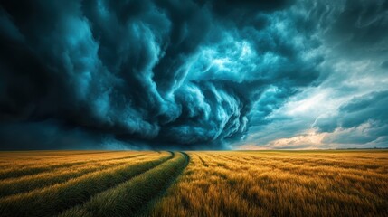 Wall Mural - A storm clouds are moving over a field of wheat, AI