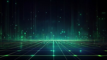 Abstract digital landscape featuring vibrant green lights and geometric patterns, ideal for technology and futuristic themes.