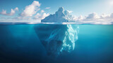 An iceberg in the sea seen at water level. 