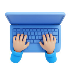 Cartoon hands typing on a blue laptop.