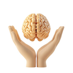 Two hands gently cradle a 3D model of the human brain against a soft, light background.