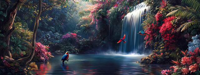 Colorful Waterfall in Tropical Rainforest