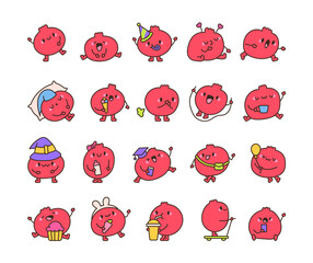 Wall Mural - Cute kawaii pomegranate. Funny cartoon character. Hand drawn style. Vector drawing. Collection of design elements.