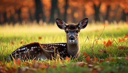 Wall Mural - Serene fall scene featuring fallow deer resting among vibrant autumn grass