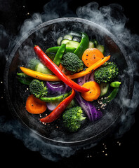 Wall Mural - Colourful vegetables cooked in a wok. AI generative.