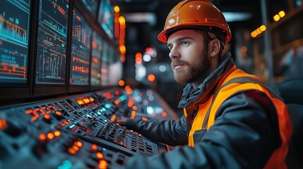  Focused engineer wearing hard hat in a control room, surrounded by glowing screens with data and technology interfaces