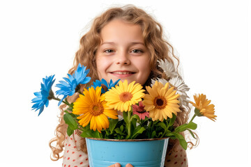 Sticker - A little girl holding a bucket full of flowers.