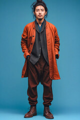 Wall Mural - A man standing in front of a blue background wearing a brown jacket and brown pants.