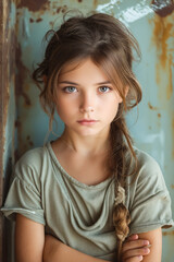 Poster - A young girl with long hair leaning against a wall