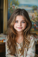 Poster - A young girl with long brown hair sitting in front of a painting