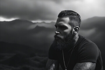 Poster - A man with a beard and tattoos sitting on top of a mountain