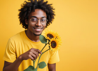 Portrait of a young curly African American man with sunflowers