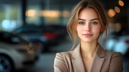 Wall Mural - Car dealership, portrait a woman, smile and confidence an auto insurance agency. Transport, rental and happy sales consultant at motor showroom with digital app for online networking