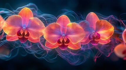 Wall Mural - Semiabstract design of glowing neon orchids entwined with vines their petals dissolving into vibrant flowing colors symbolizing elegance and exotic beauty