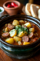 Wall Mural - Goulash soup with beef slices of sausage, onions and potatoes. Plus red pepper. All on a rustic background. AI generative.