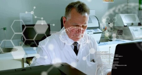 Poster - Animation of data processing over caucasian male scientist using laptop in lab