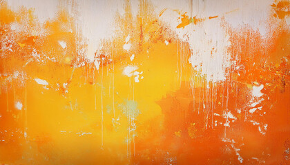 Orange and yellow background with white grunge texture and distressed paint spatter and drips with old scratched brush stroke marks in grungy textured design