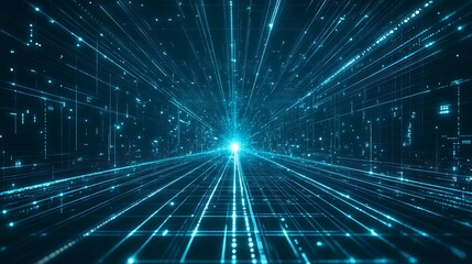 Futuristic digital background with blue light beams and data particles, creating a sense of depth and technology.