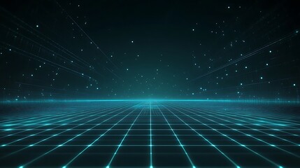 Futuristic digital grid with glowing blue lines and stars in a dark space, perfect for technology and science fiction themes.