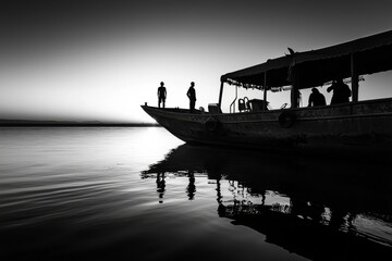 Wall Mural - Black and white silhouette of a traditional Nile River boat at dawn with reflections on the water