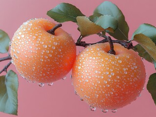 Dreamy 3D Persimmon on Branch with Water Droplets in Whimsical Setting