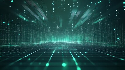Futuristic digital landscape featuring glowing particles, grid patterns, and a vibrant green color scheme.