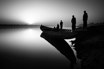 Wall Mural - Black and white silhouette of a traditional Nile River boat at dawn with reflections on the water