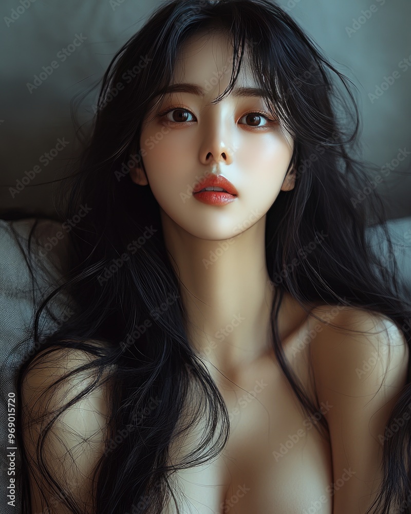 Portrait of pretty young Korean, Japanese, Chinese woman, girl sitting naked, with naked