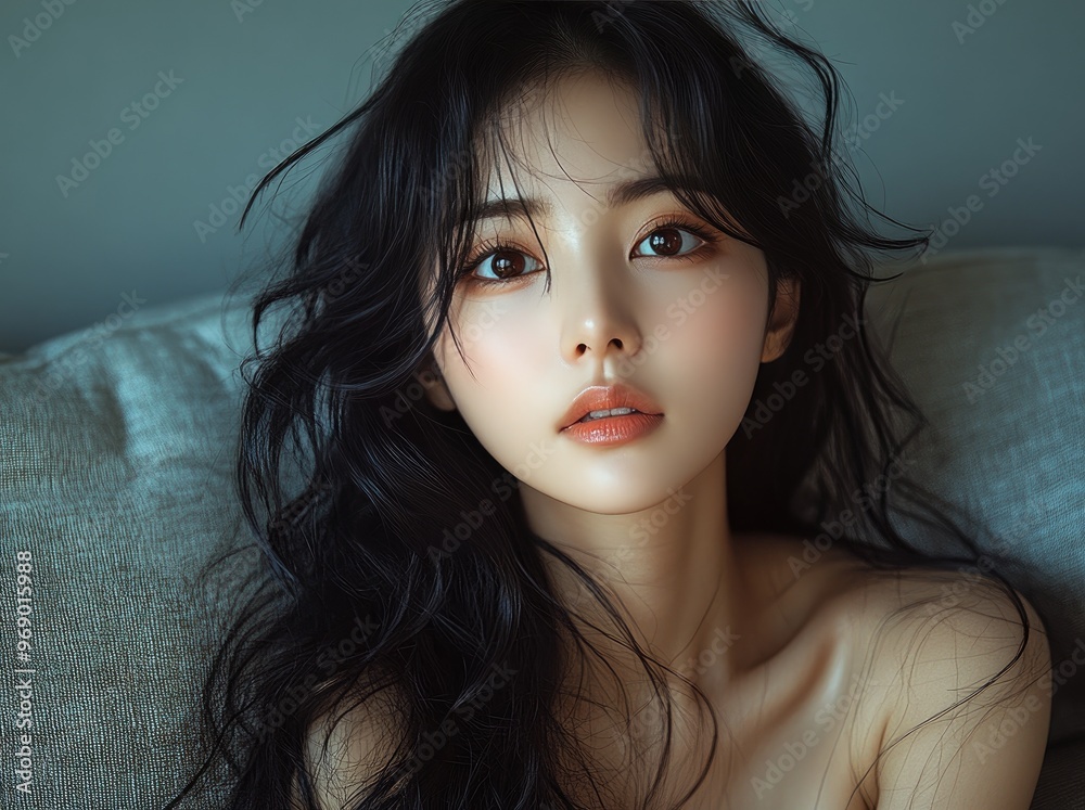 Portrait of pretty young Korean, Japanese, Chinese woman, girl sitting