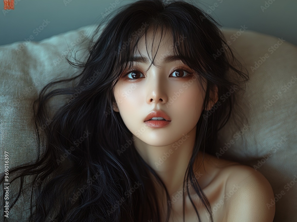 Portrait of pretty young Korean, Japanese, Chinese woman, girl sitting naked, with naked