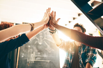 Aufkleber - Creative, people and high five in office for support, creativity or collaboration in business. Employees, synergy or gesture in workplace for community, inclusion or huddle for cooperation with trust