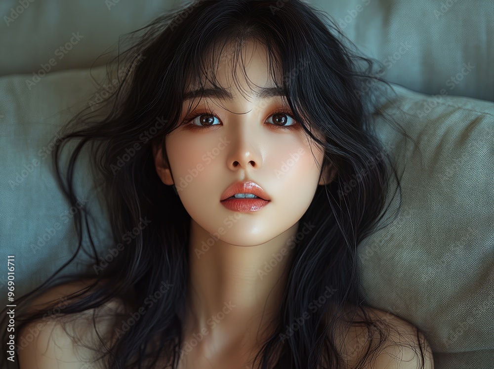 Portrait of pretty young Korean, Japanese, Chinese woman, girl sitting