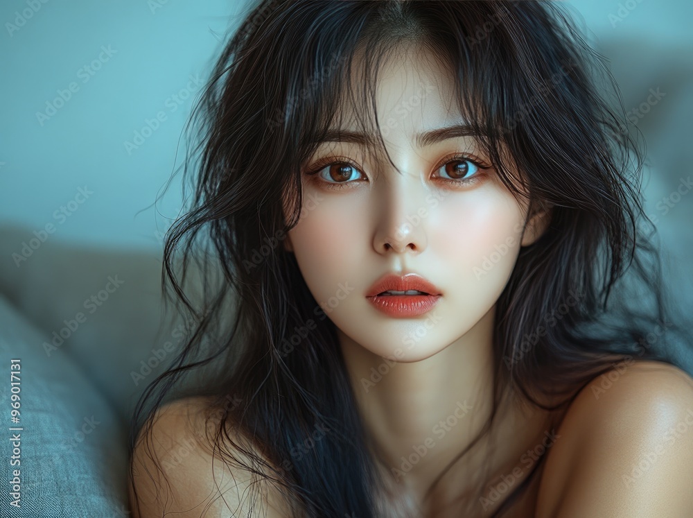 Portrait of pretty young Korean, Japanese, Chinese woman, girl sitting