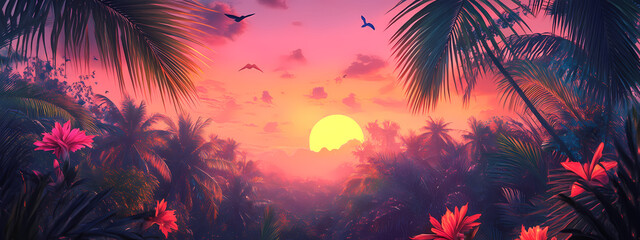 Poster - Tropical Sunset with Neon Palm Leaves