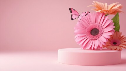 Sticker - A pink flower and butterfly on a white pedestal with light background, AI