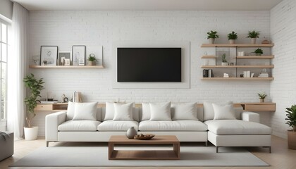 Photo modern style interior room 3d illustration Interior frame living room with colorful white sofa,led with blank frame