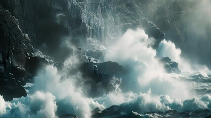 powerful waves crashing against rocky coast