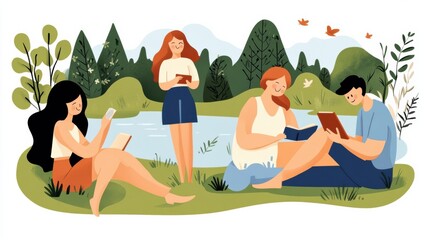 Sticker - Illustration of people reading books in the park, AI