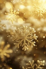 Poster - Christmas themed background featuring a mix of large and small falling snowflakes in shades of yellow enhanced by a beautiful bokeh effect
