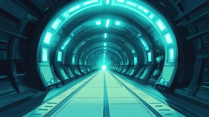Poster - Futuristic tunnel background featuring a 2D cartoon illustration with a turquoise color scheme embodying a high tech design concept